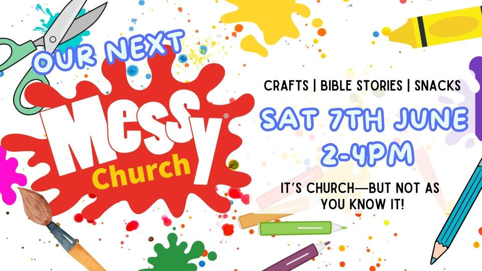 Messy Church Invitation - Paintbrushes, paint splats, and craft materials